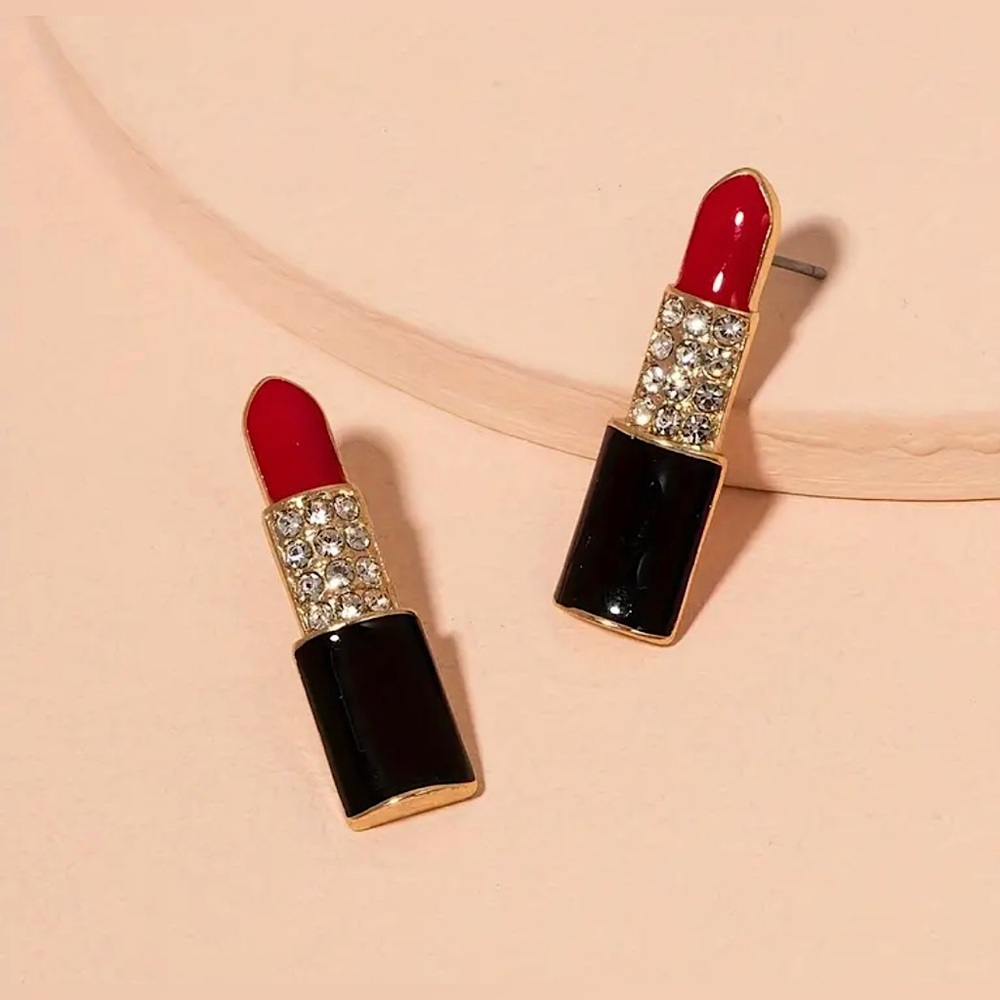 💋💄 18K Gold Lipstick Stud Earrings with Inlaid Rhinestone Detail